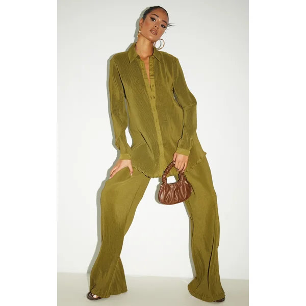 Tall Olive Plisse High Waisted Wide Leg Pants