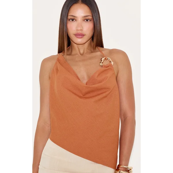 Tall Orange Woven Trim Detail Asymmetric Top