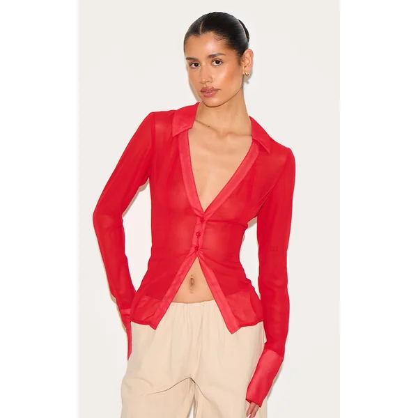 Tall Red Mesh Button Front Blouse