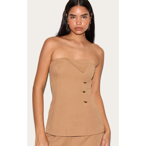 Tall Sand Fold Over Detail Tailored Bandeau Top