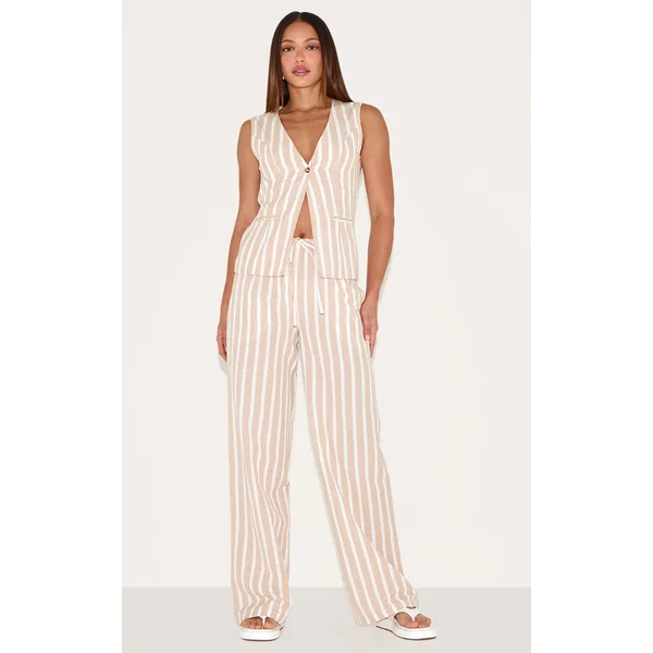 Tall Sand Linen Look Striped Drawstring Wide Pants
