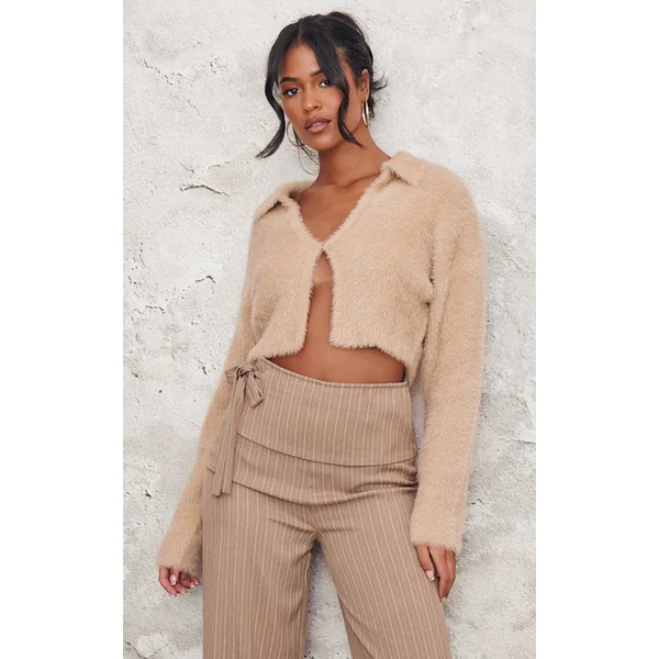 Tall Stone Brushed Knit Collared Cropped Sweater