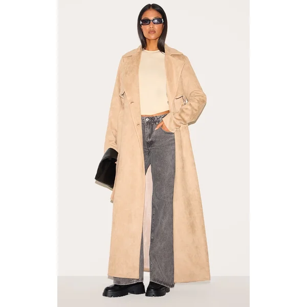 Tall Stone Faux Suede Belted Maxi Trench Coat
