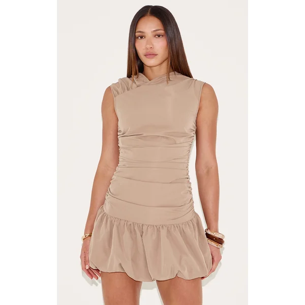 Tall Stone Ruched Sleeveless Puffball Mini Dress