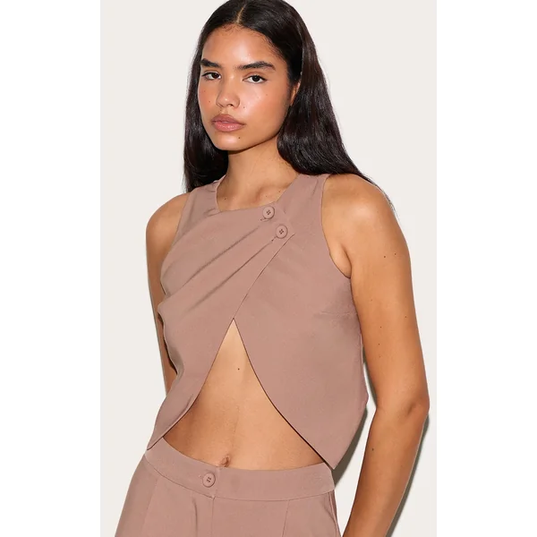 Tall Taupe Asymmetric Button Detail Vest