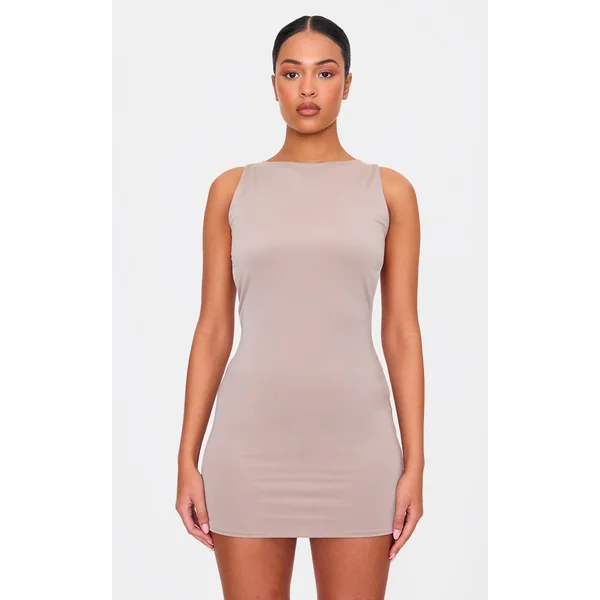 Tall Taupe Double Layer Twist Cut Out Back Mini Dress