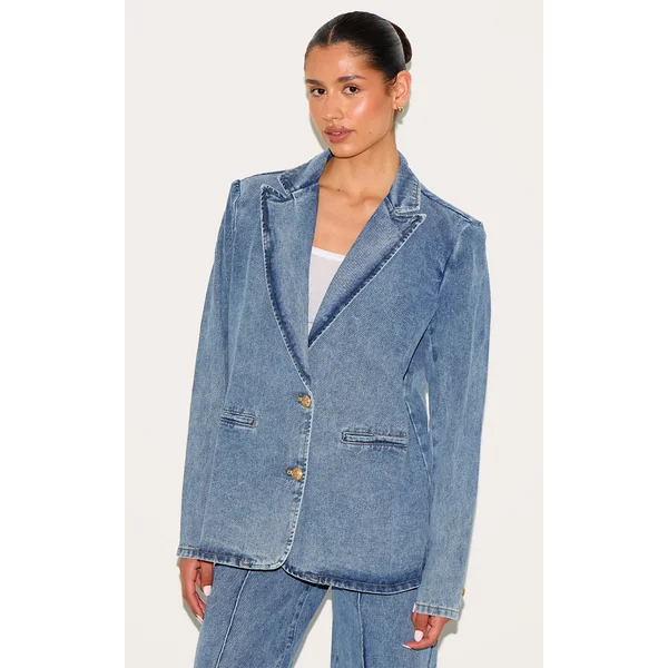 Tall Vintage Mid Wash Oversized Button Denim Blazer
