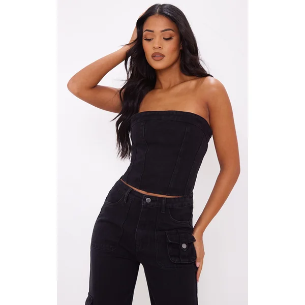 Tall Washed Black Denim Corset Top