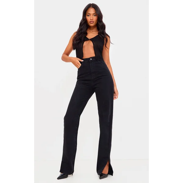 Tall Washed Black High Rise Split Hem Detail Jeans