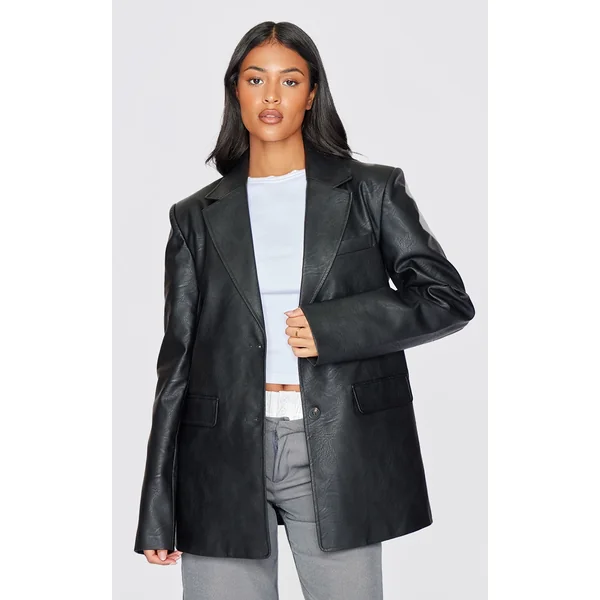 Tall Washed Black Textured Faux Leather Blazer