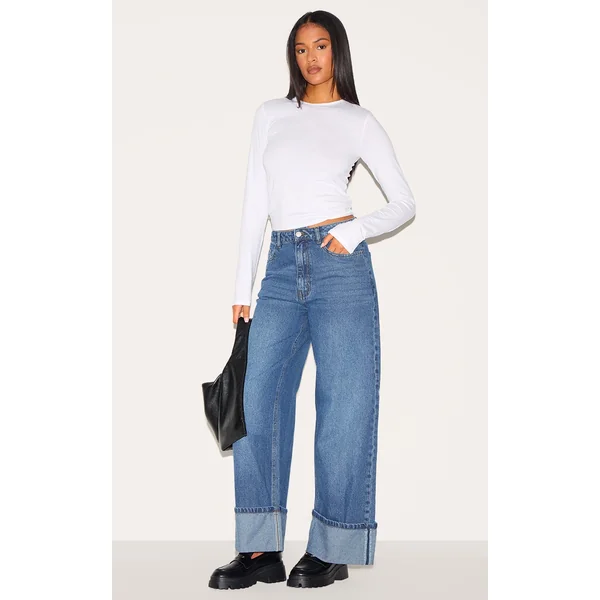 Tall Washed Blue Distressed Turn Up Hem Jeans