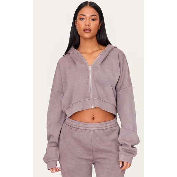 Tall Washed Brown Crop Boxy Zip Through Hoodie