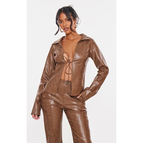 Tall Washed Brown Faux Leather Tie Front Long Sleeve Top