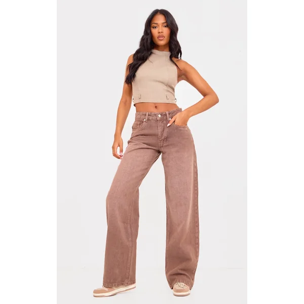 Tall Washed Brown Mid Rise Wide Leg Jeans