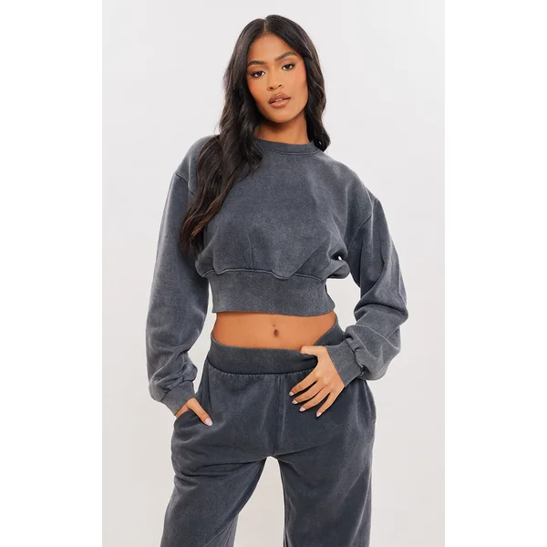 Tall Washed Charcoal Cropped Oversized Sweatshirt