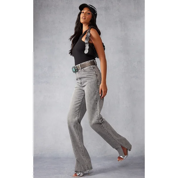 Tall Washed Grey High Rise Split Hem Detail Jeans