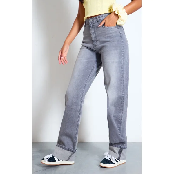 Tall Washed Grey Mid Rise Distressed Turn Up Hem Jeans