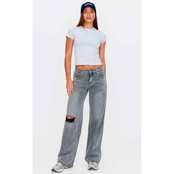 Tall Washed Grey Ripped Knee Frayed Hem Straight Leg Jeans