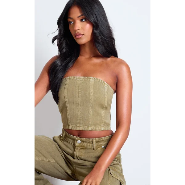 Tall Washed Khaki Denim Bandeau Corset Top