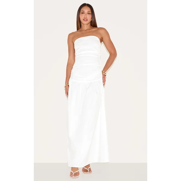 Tall White Bandeau Ruched Floaty Dress