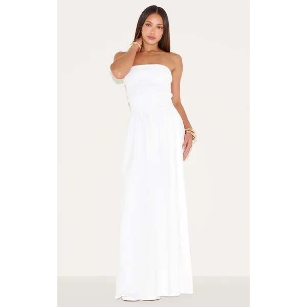 Tall White Bandeau Shirred Detail Maxi Dress
