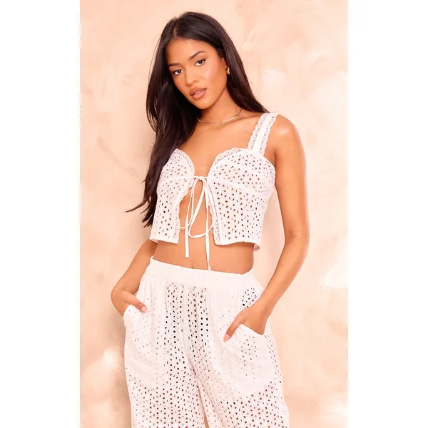 Tall White Broderie Detail Tie Front Crop Top