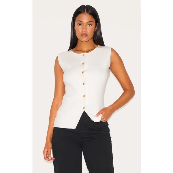 Tall White Cinched Button Up Knit Vest Top