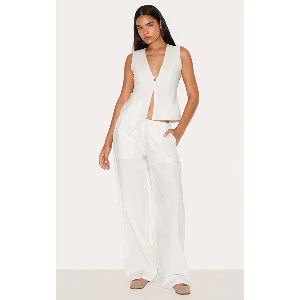 Tall White Linen Drawstring Waist Pants