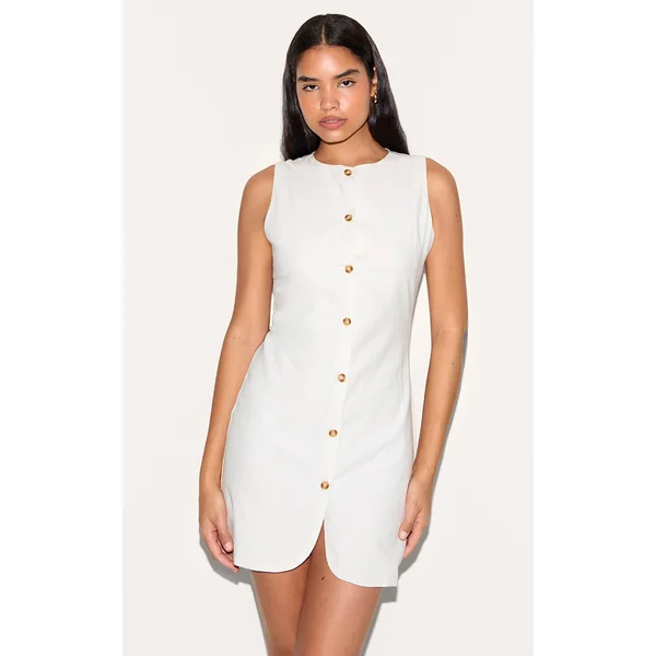 Tall White Linen Look Button Down Bodycon Dress