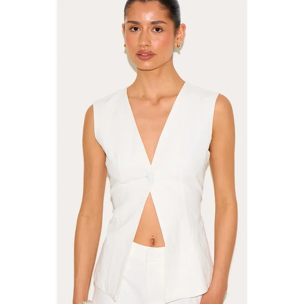 Tall White Premium Linen Look Button Vest