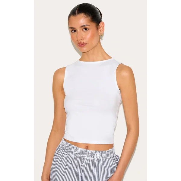 Tall White Soft Cotton Boat Neck Sleeveless Top