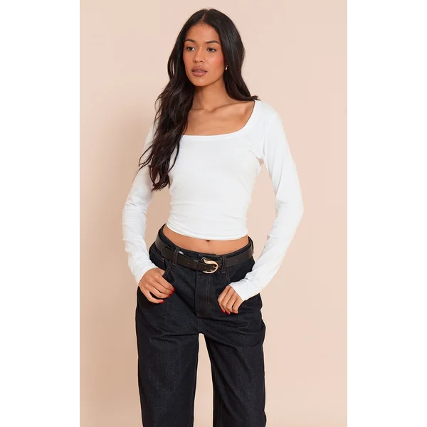 Tall White Soft Cotton Crew Neck Long Sleeve Fitted Top