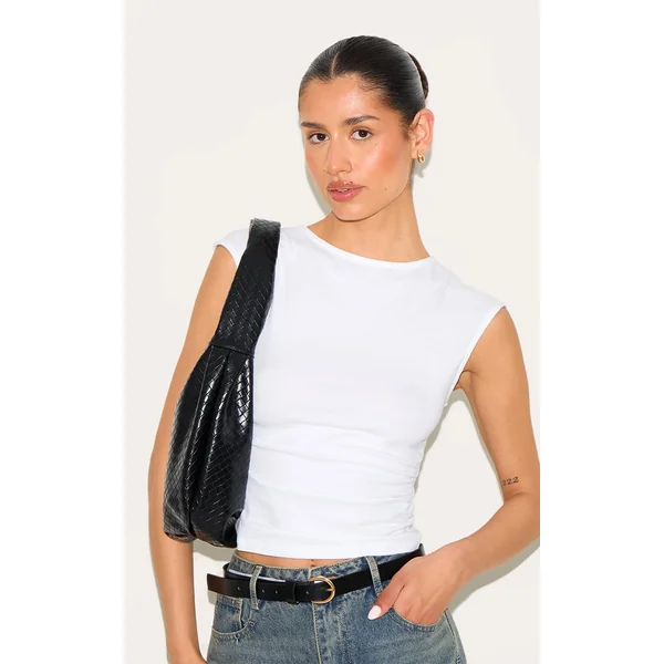 Tall White Soft Cotton Ruched Side Sleeveless Top