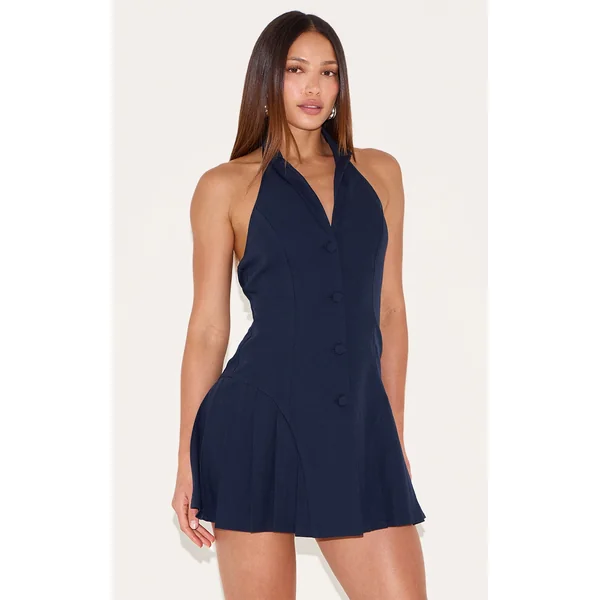 Tall Woven Halterneck Button Up Pleated Mini Dress