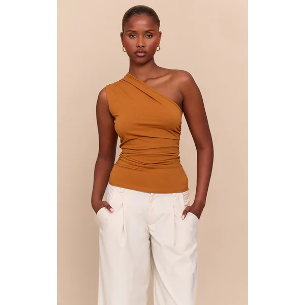 Tan Asymmetric Ruched Sleeveless Long Top