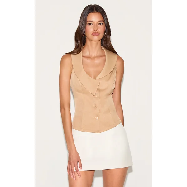 Tan Collar Detail Button Waist Coat