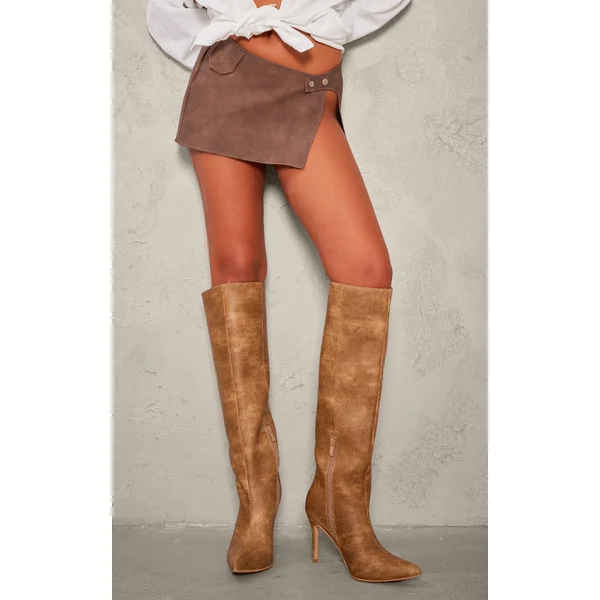 Tan Distressed Pu Point Toe Knee High Heeled Boots