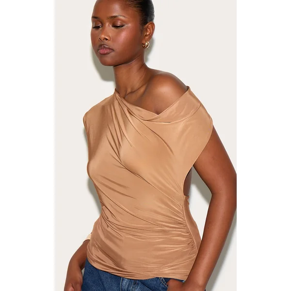 Tan Double Layer Slinky Backless Asymmetric Long Top