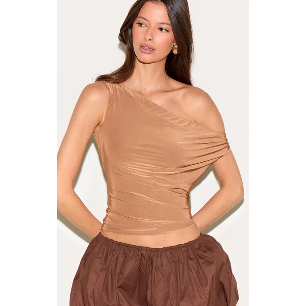 Tan Double Layer Slinky Twist Arm Cowl Long Top