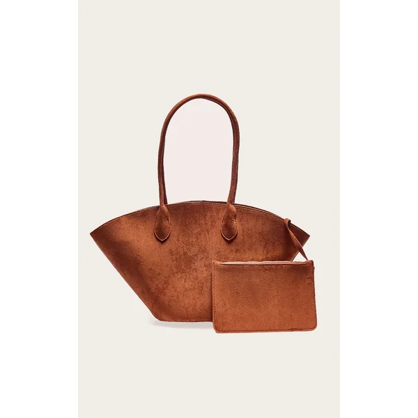 Tan Faux Suede Bucket Tote Bag