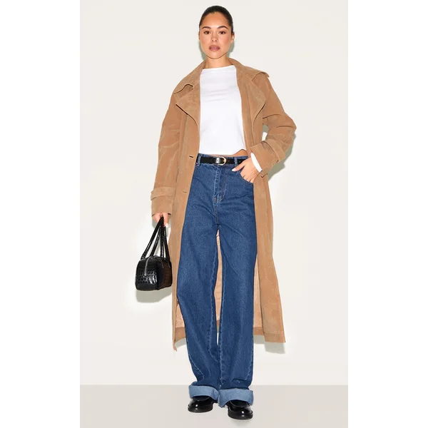 Tan Faux Suede Buckle Belt Trench Coat