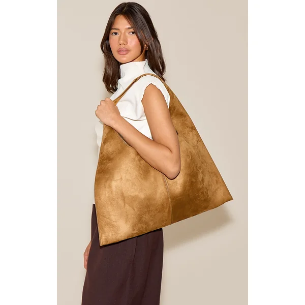 Tan Faux Suede Circle Handle Shoulder Bag