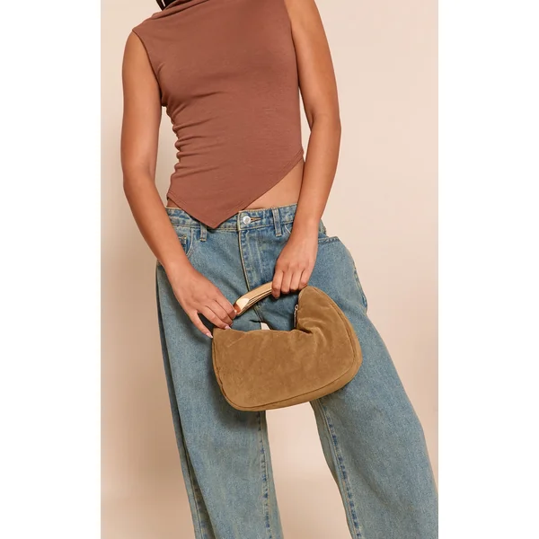 Tan Faux Suede Gold Abstract Handle Hand Bag