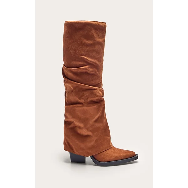 Tan Faux Suede Point Toe Fold Over Block Heel Knee High Boots