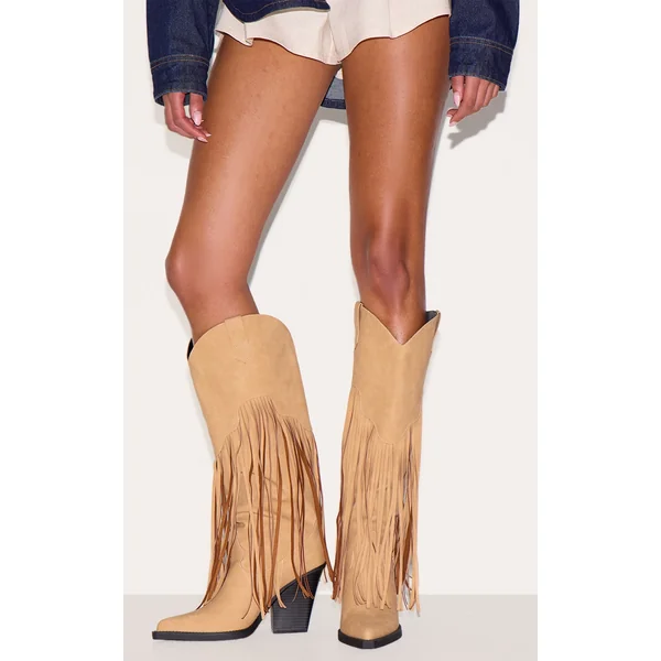 Tan Faux Suede Point Toe Fringed Heel Knee High Western Boots