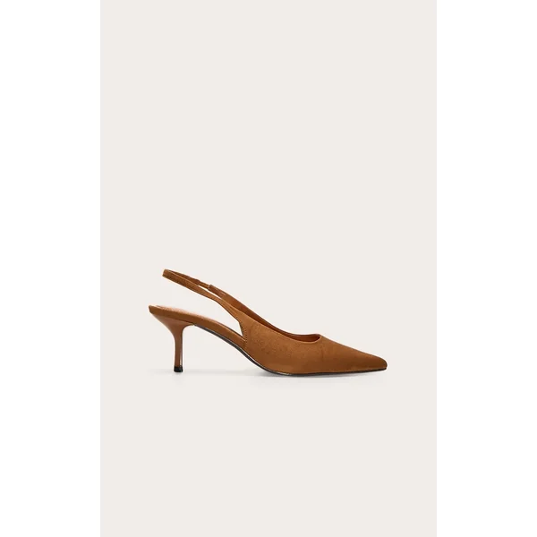 Tan Faux Suede Point Toe Sling Back Mid Heeled Courts