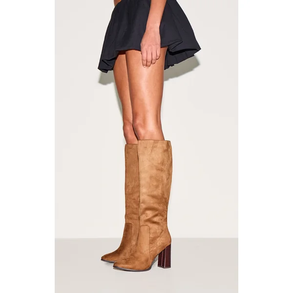 Tan Faux Suede Round Toe High Block Heel Knee High Boots