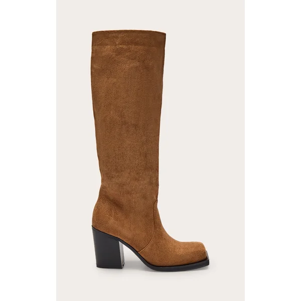 Tan Faux Suede Square Toe High Block Heel Knee High Boots