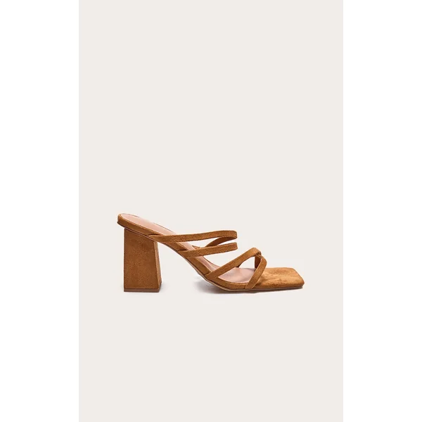 Tan Faux Suede Square Toe Strappy Block Heel Mules