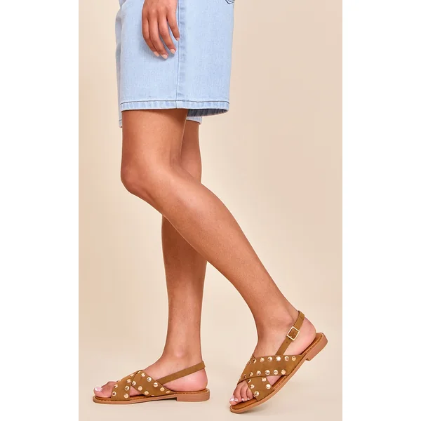 Tan Faux Suede Studded Sling Back Sandal